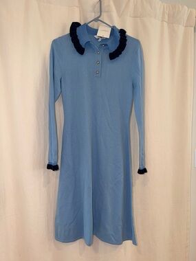 LK Bennett Sky Blue Knit Polo Dress with Navy Ruffle Trim